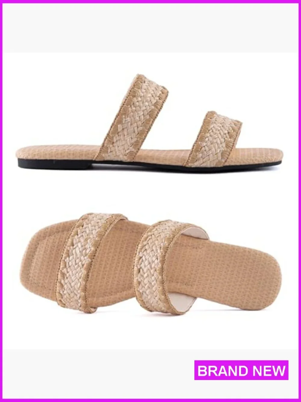 Raffia Braided Slide Sandals Flat Bohemian Vacation Beach Slip On Strappy Woven